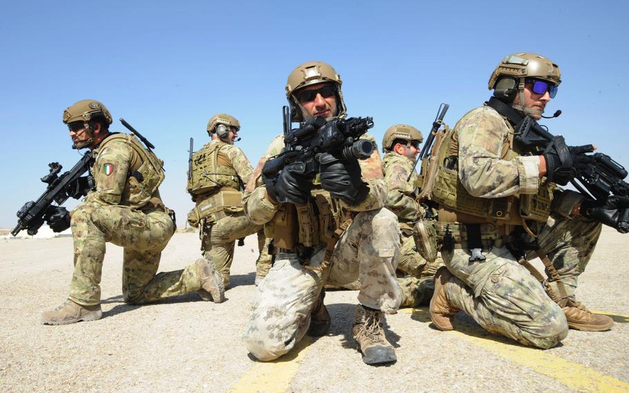 Italian troops assigned to secure a helicopter landing zone during an interoperability exercise at the King Abdullah II Special Operations Training Center during Exercise Eager Lion in Amman, Jordan, on Monday, May 7, 2017. Eager Lion is an annual U.S. Central Command exercise in Jordan designed to strengthen military-to-military relationships.