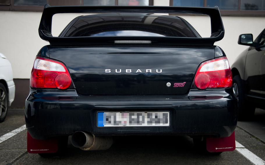 A Subaru Impreza at Ramstein Air Base, Germany, on Tuesday, April 18, 2017, is one of an estimated several hundred souped-up cars in the Kaiserslautern Military Community. The car appears to have a modified muffler and an extended rear spoiler.