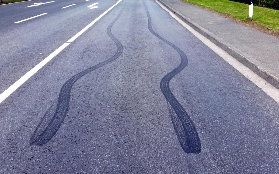 Skid marks seen at Jacob Pfeiffer Strasse in Kaiserslautern-Einsiedlerhof, Germany, near the closed Coca-Cola factory — a popular meeting place for members of the souped-up car scene.
