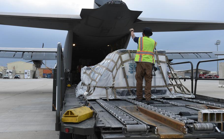 Cargo gets loaded onto a C-130J at Bagram Air Field, Afghanistan, May 4, 2017.