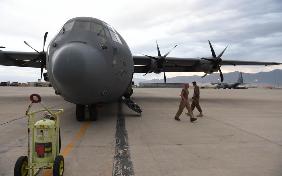 This C-130J, flown by members of the 774th Expeditionary Airlift Squadron, sits on the tarmac at Bagram Air Field, Afghanistan, May 4, 2017, shortly before a 10-hour supply run that would take it to Mazar-e-Sharif, Kandahar, and Camp Dwyer.