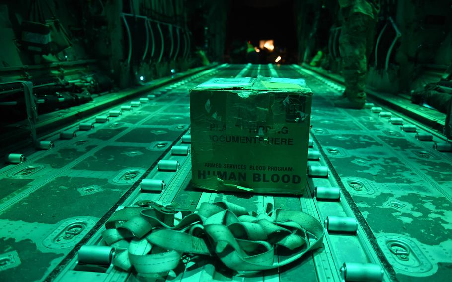 A box waits to be lashed down on C-130J from the 774th Expeditionary Airlift Squadron, at Camp Dwyer, Afghanistan, May 5, 2017.