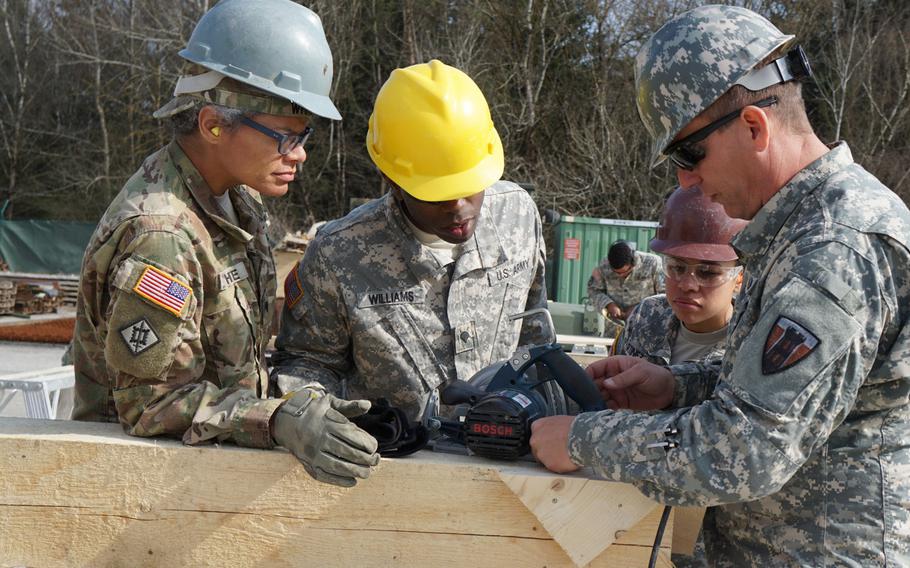 Texas National Guard soldiers from the 236th Engineer Battalion and a Czech soldier from the Czech Republic Army's 151st Engineer Battalion erect a Parachute Landing Fall complex at the Joint Multinational Readiness Center training area in Hohenfels, Germany, April 5, 2017. 
