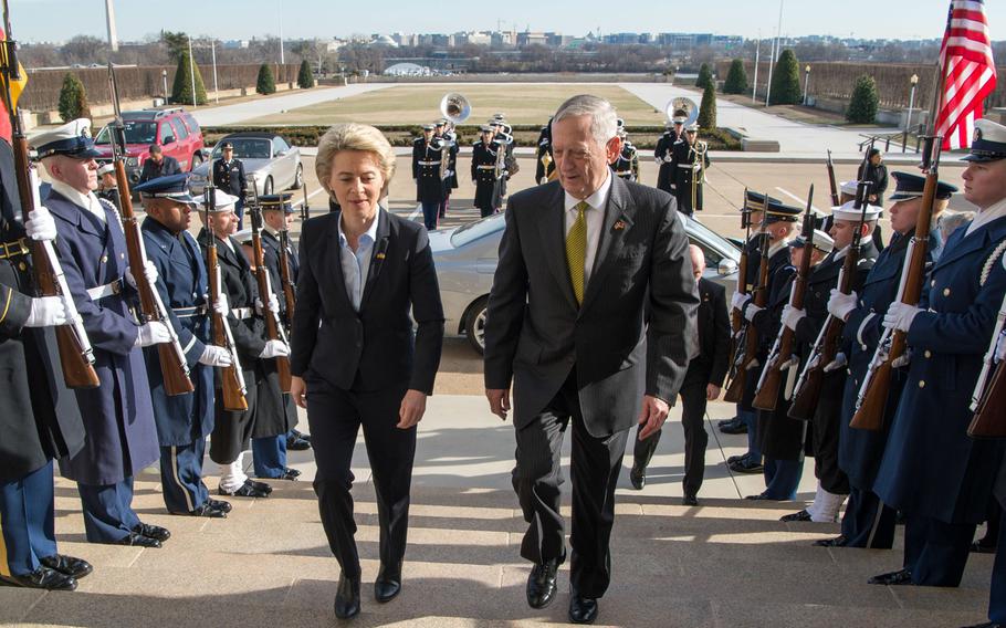 Secretary of Defense Jim Mattis meets with Ursula von der Leyen, Germany's defense minister, at the Pentagon in Washington on Feb. 10, 2017. Von der Leyen has vowed to reform the German military after the arrest of two soldiers alleged to have plotted a terrorist attack and blame it on refugees.