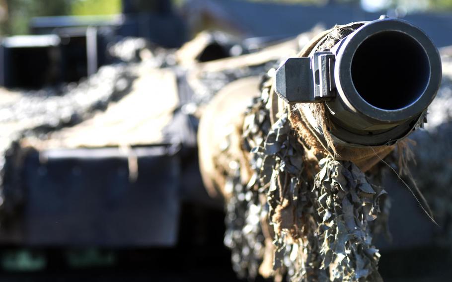 Down the barrel of a German Leopard 2A6 tank participating in the Strong Europe Tank Challenge at Grafenwoehr, Germany, Thursday, May 11, 2017.