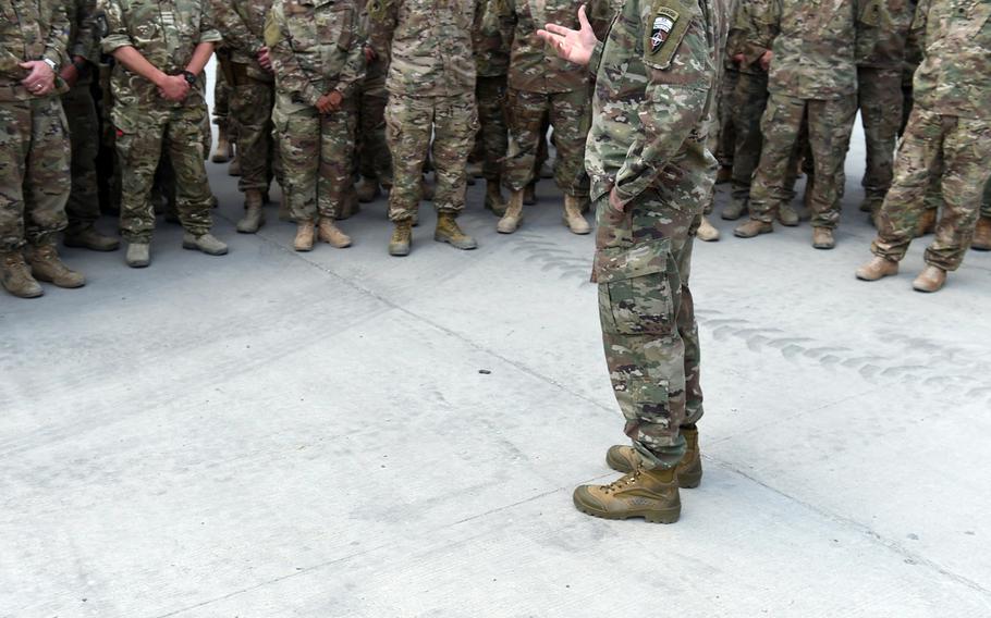 Gen. John Nicholson, commander of U.S. forces in Afghanistan, visited troops serving with NATO Special Operations Component Command-Afghanistan, at Bagram Air Field, on Saturday, May 13, 2017. The soldiers' faces could not be displayed for security reasons.