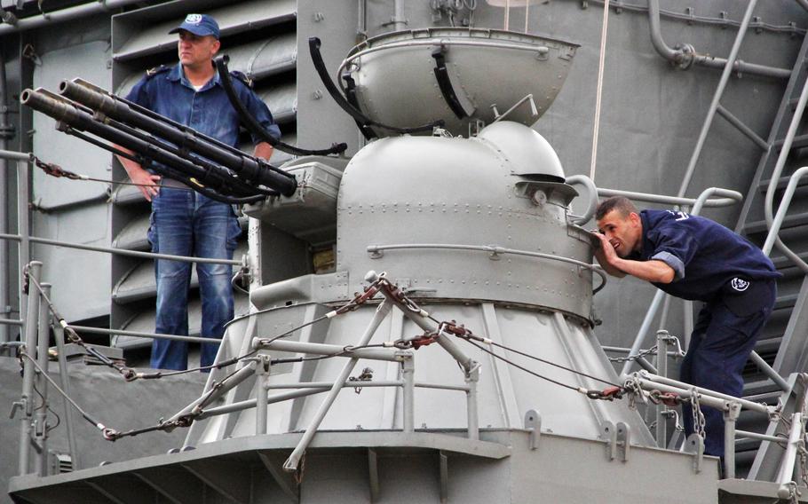 Algerian sailors check an autocannon turret aboard the frigate Rass Keltic on Thursday, May 12, 2017, to prepare for Phoenix Express. U.S. Africa Command sponsored the 11-day exercise designed to improve maritime policing in the Mediterranean.