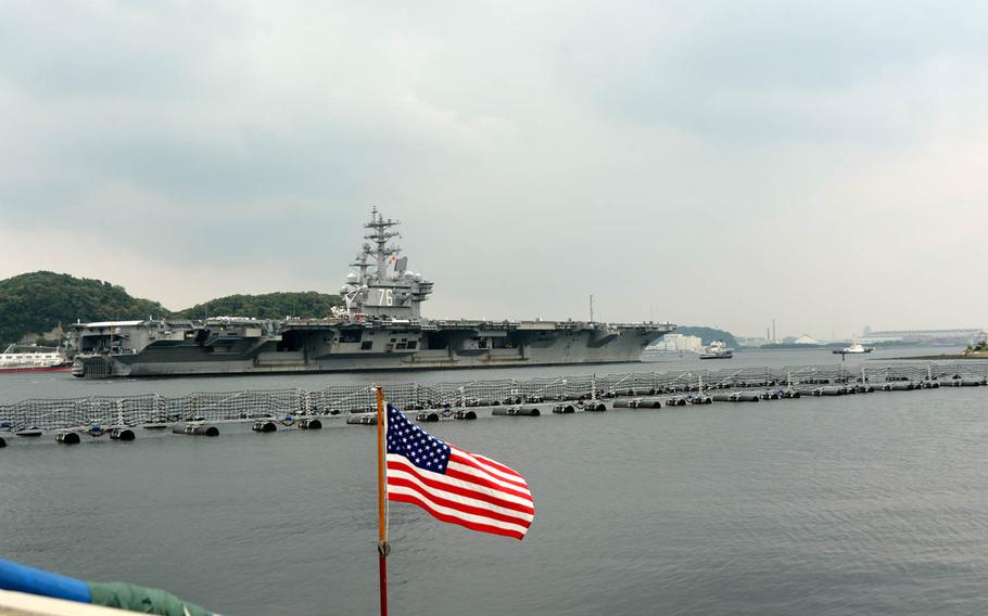 The aircraft carrier USS Ronald Reagan departs Yokosuka Naval Base, Japan, for its scheduled Asia-Pacific patrol, Tuesday, May 16, 2017.