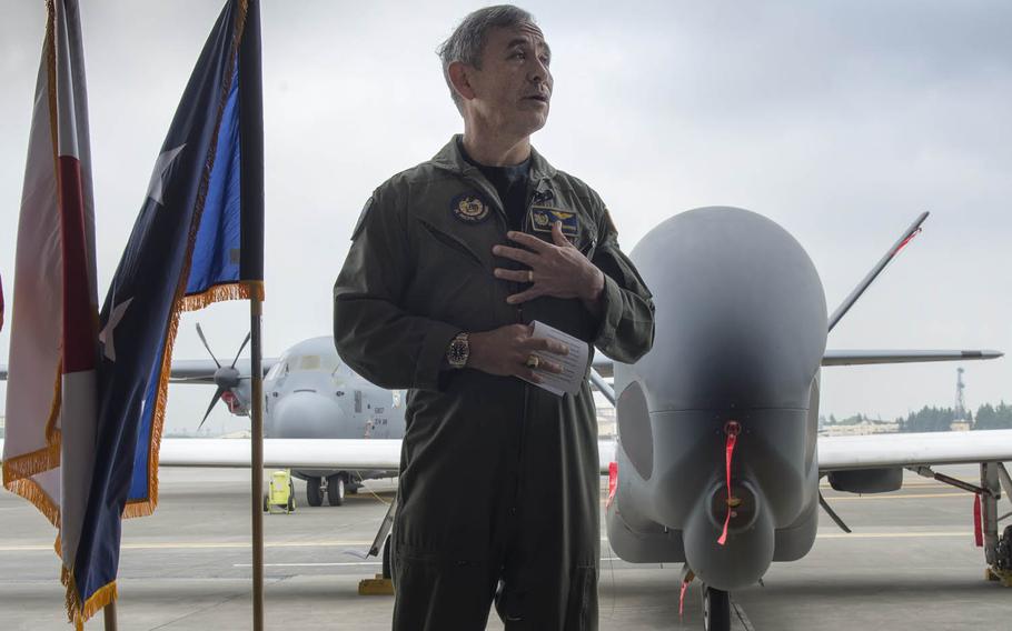 Adm. Harry Harris, U.S. Pacific Command commander, speaks to servicemembers at Yokota Air Base, Japan, Monday, May 15, 2017.