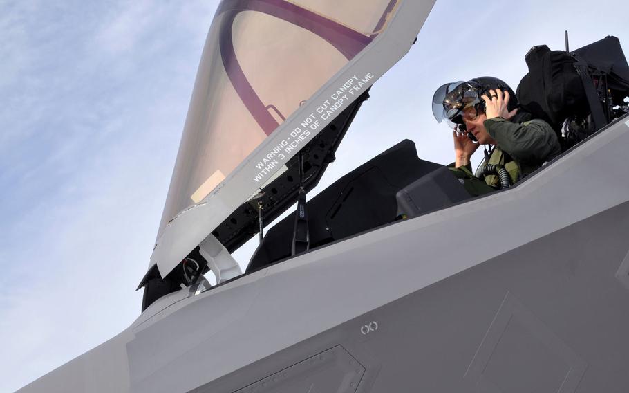 F-35A pilot Lt. Col. Brad Klemesrud prepares for takeoff during a Red Flag mission at Nellis Air Force Base, Nev., on Feb. 2, 2017. The Air Force on Monday announced that it had lifted the weight restriction preventing F-35A pilots weighing less than 136 pounds from flying the aircraft. Fixes have been made to the aircraft's ejection seat and helmet reduce the high risk of severe neck injury to lighter-weight pilots.