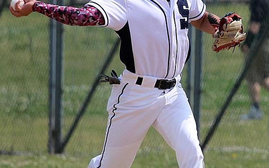 Seoul American's Eric Guzman fires the ball in against Kubasaki during Tuesday's round-robin game in the Far East Division I Baseball Tournament. The Falcons won 10-2. CALEB RIVERA/SPECIAL TO STRIPES