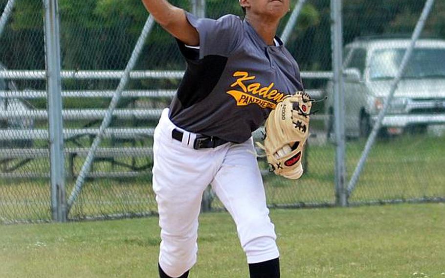 Kadena's Jared Duenas throws across the infield against St. Mary's during Tuesday's round-robin game in the Far East Division I Baseball Tournament. The Panthers won 12-0. CALEB RIVERA/SPECIAL TO STRIPES