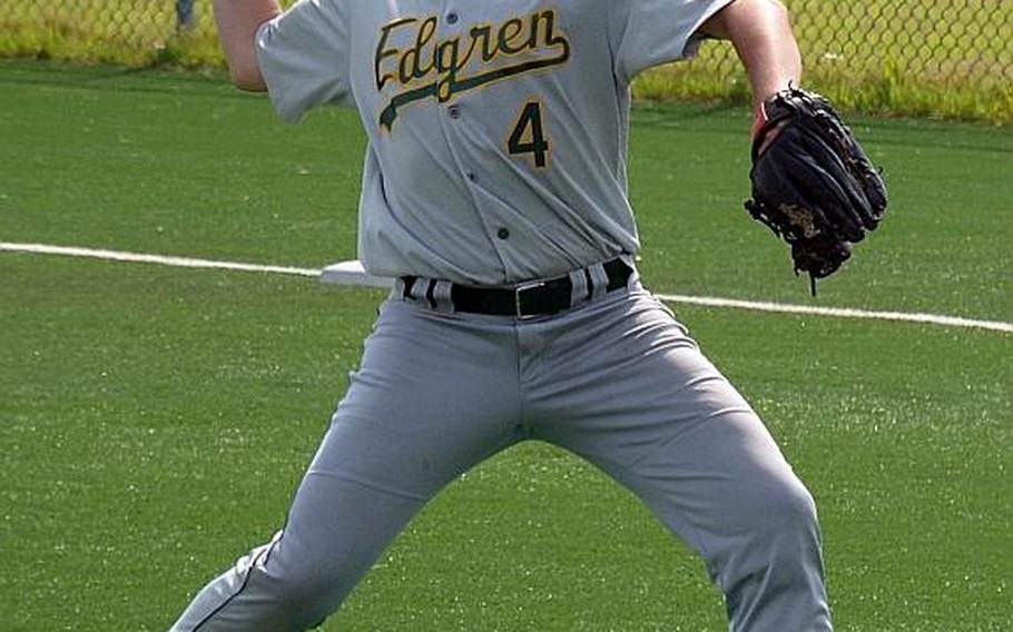 Robert D. Edgren's Carter Meinhart delivers against Humphreys during Tuesday's game in the Far East Division II Baseball Tournament, won by the host Blackhawks 11-1. DENISA KIM/SPECIAL TO STRIPES
