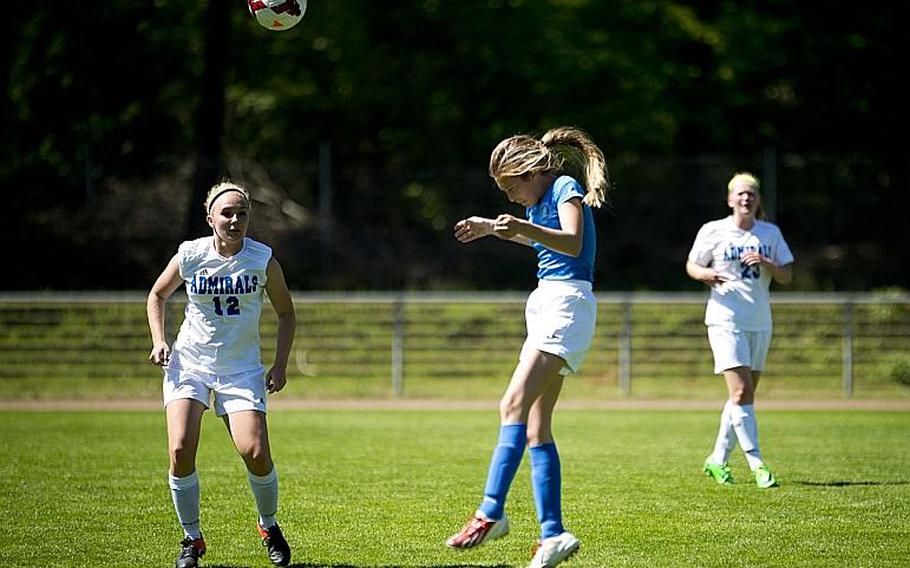 Marymount's Matilde Di Tommaso, right, heads the ball past Rota's Sydney Shaw during the DODEA-Europe soccer tournament in Landstuhl, Germany, on Wednesday, May 17, 2017. Marymount lost the Division II match 1-0. MICHAEL B. KELLER/STARS AND STRIPES