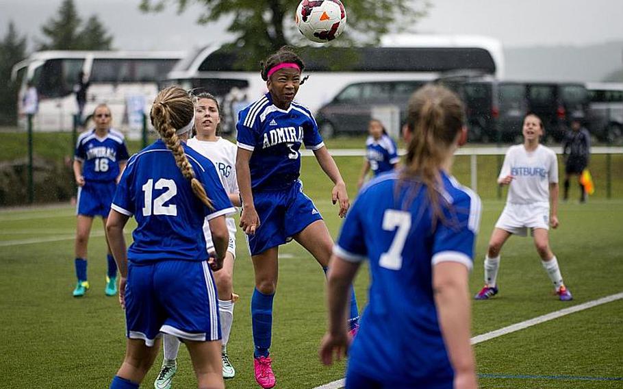 Rota's Tatiana Manning heads the ball during the DODEA-Europe Division II semifinals in Reichenbach, Germany, on Friday, May 19, 2017. Rota lost the match 3-1 after a shootout. MICHAEL B. KELLER/STARS AND STRIPES