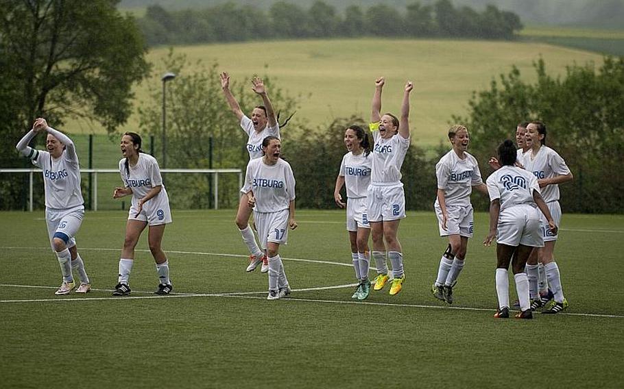 Bitburg celebrates defeating Rota during the DODEA-Europe Division II semifinals in Reichenbach, Germany, on Friday, May 19, 2017. Bitburg won the match 3-1 after a shootout. MICHAEL B. KELLER/STARS AND STRIPES