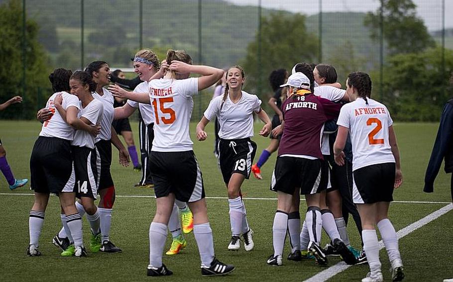 AFNORTH celebrates its win over Bahrain during the DODEA-Europe Division II semifinals in Reichenbach, Germany, on Friday, May 19, 2017. AFNORTH won the match 2-1 in double overtime. MICHAEL B. KELLER/STARS AND STRIPES