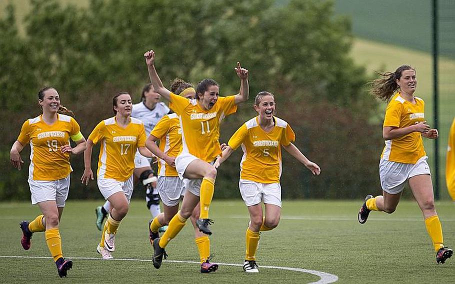 Stuttgart celebrates defeating Ramstein 4-0 during the DODEA-Europe Division I semifinals in Reichenbach, Germany, on Friday, May 19, 2017. MICHAEL B. KELLER/STARS AND STRIPES