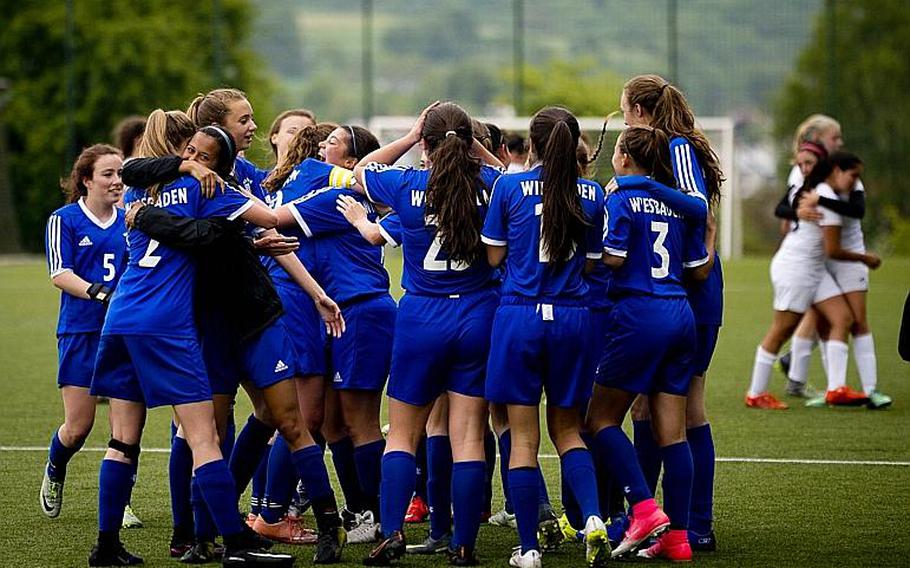 Wiesbaden celebrates its 3-1 win over Naples during the DODEA-Europe Division I semifinals in Reichenbach, Germany, on Friday, May 19, 2017. MICHAEL B. KELLER/STARS AND STRIPES