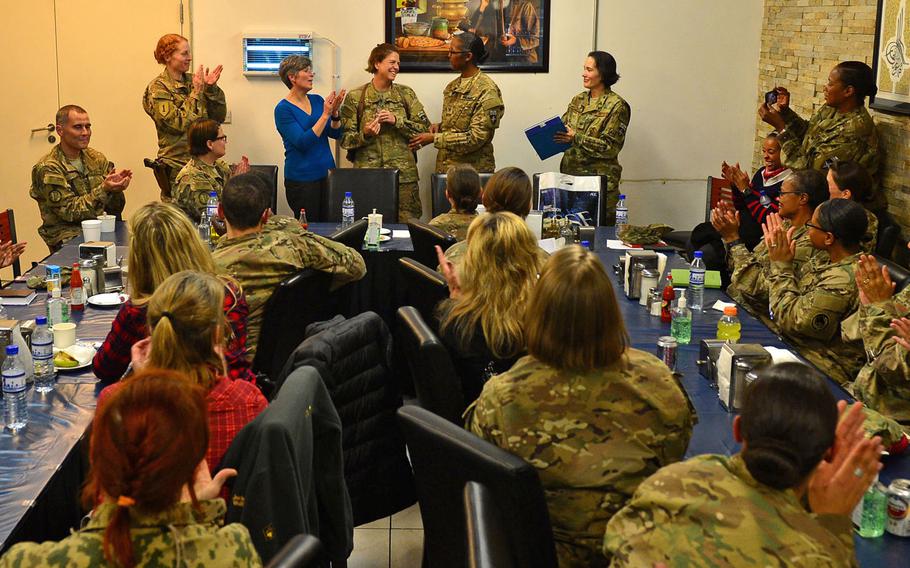 Sen. Joni Ernst, R-IA (center, in blue), a former Iowa Army National Guard officer who served in Kuwait during Operation Iraqi Freedom, visited a Sisters in Arms meeting at Resolute Support headquarters in Kabul, November 23, 2016.