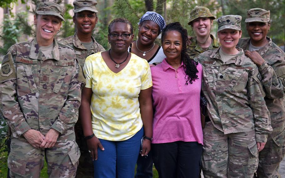 Members of the Sisters in Arms group at Resolute Support headquarters, Kabul, May 19, 2017. From left: Command Chief Master Sgt. Lisa Arnold; Col. Antoinette Gant; Lisa Spell, realty officer; Linda Eluma-Plummer, RS CJ2; Sandra Cousin, Defense Logistics Agency; Australian Capt. Stephanie Sheldon; Lt. Col. Jodi Bonnes; and Col. Tammy Heath.