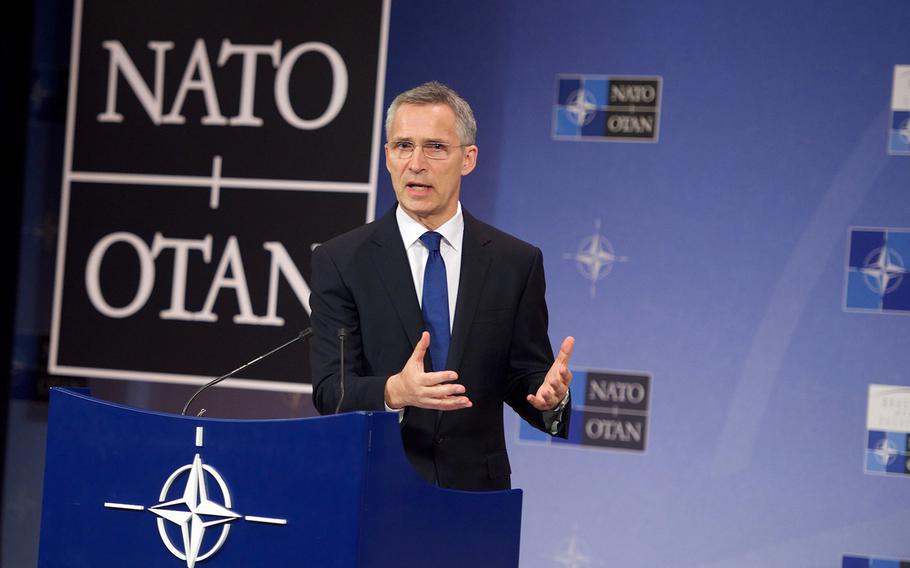 NATO Secretary-General Jens Stoltenberg gives a news conference ahead of the Meeting of NATO Heads of State and Government in Brussels on Wednesday, May 24, 2017.