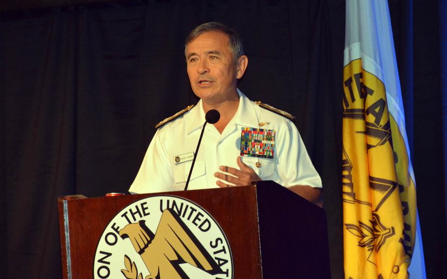 Adm. Harry Harris, head of U.S. Pacific Command, speaks at the LANPAC military conference in Honolulu, Wednesday, May 24, 2017.