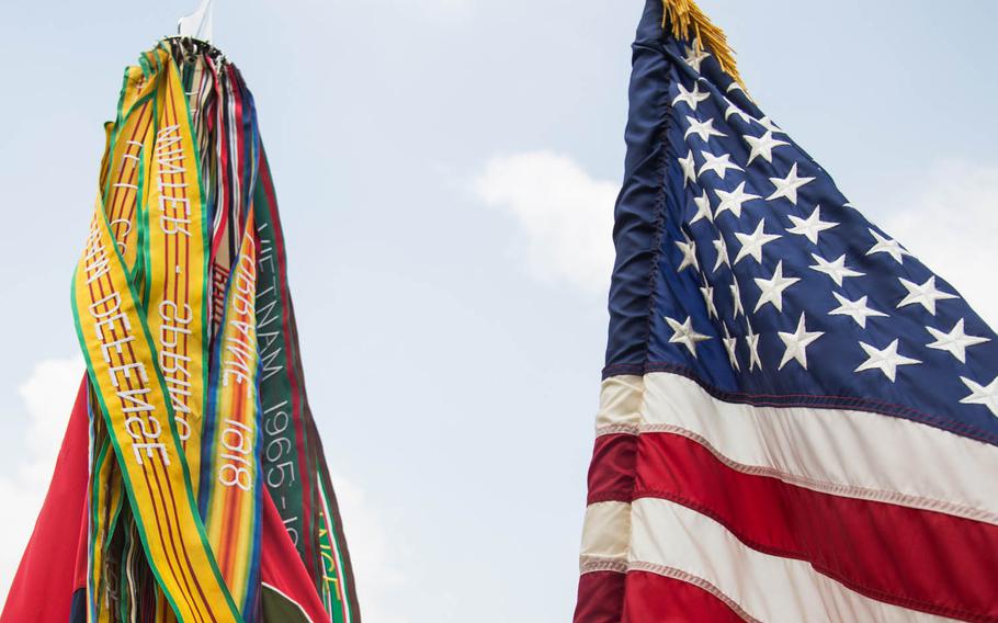 The 1st Armored Brigade Combat Team, 1st Infantry Division's unit colors and campaign streamers at Camp Humphreys, South Korea, Wednesday, May 24, 2017.
