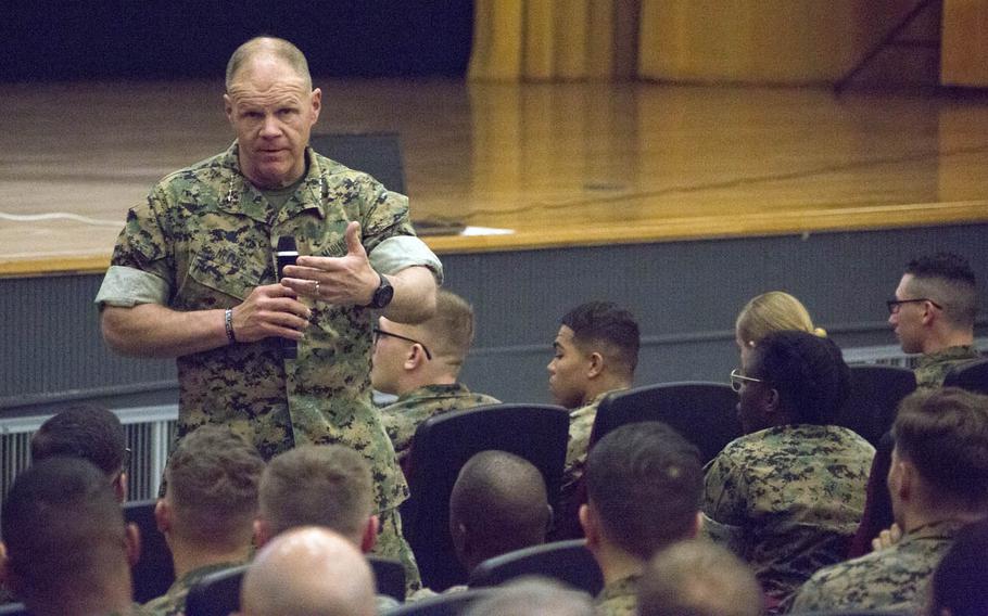 Commandant of the Marine Corps Gen. Robert Neller speaks to Marines at Camp Foster, Okinawa, in April.