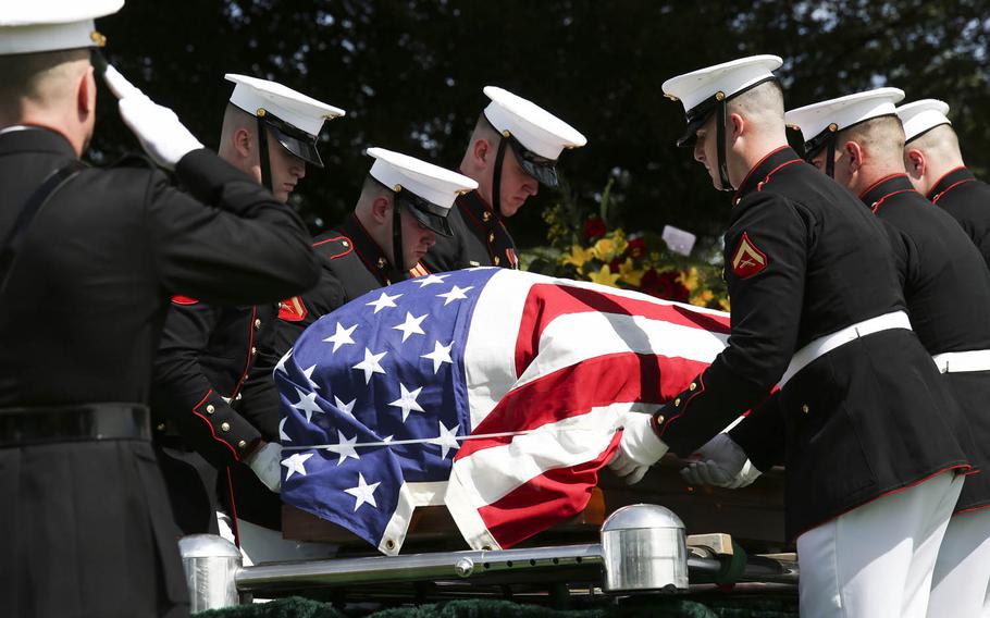 Marines from Marine Corps Barracks Washington, D.C., place 1st Lt. Alexander Bonnyman Jr. near his final resting place at Berry Highland Memorial Cemetery in Knoxville, Tenn., on Sept. 27, 2015. Bonnyman was killed in the Battle of Tarawa in 1943. His remains were discovered 72 years after he was buried there.