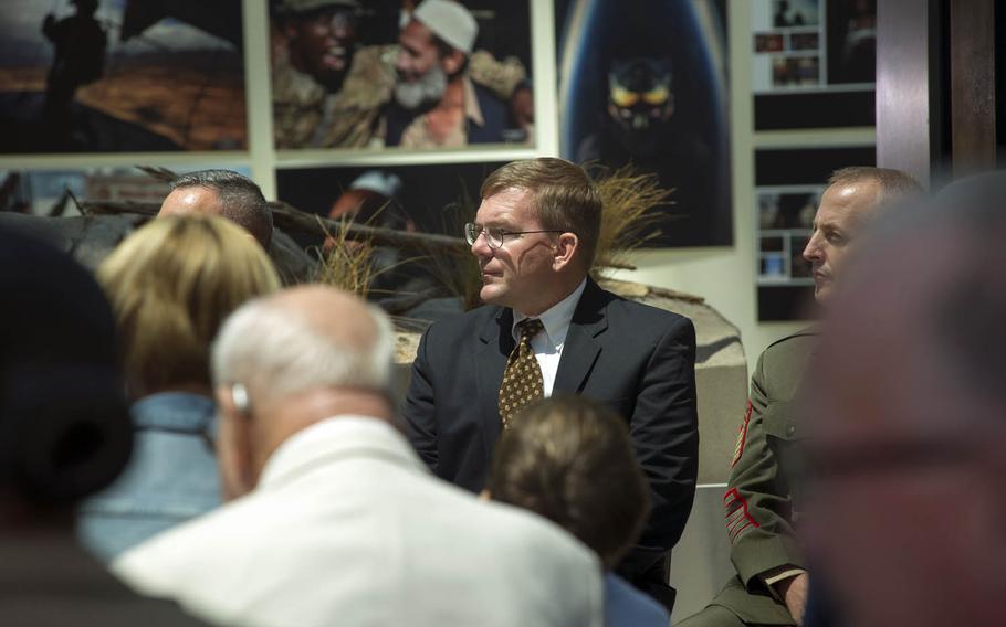 Mark Noah, founder and executive director of History Flight, receives the title of honorary Marine during a ceremony at the National Museum of the Marine Corps, Triangle, Va., July 24, 2015. With Noah at the helm, History Flight has repatriated the remains of several hundred Marines and sailors deemed unrecoverable that were killed in action during the Battle of Tarawa of World War II.