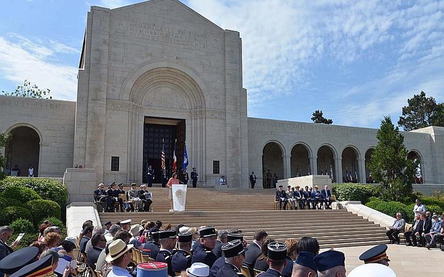 Ezra Zeya, charge d' affairs of the U.S. Embassy in Paris, gives the memorial address at the Memorial Day ceremony at Meuse-Argonne American Cemetery in Romagne-sous-Montfaucon, France, Sunday May 28, 2017.