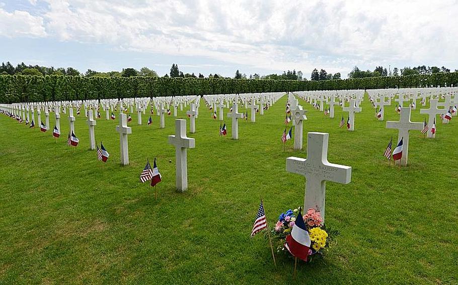 Each of the 14,246 graves at Meuse-Argonne American Cemetery are decorated with an American and a French flag for the Memorial Day ceremony in Romagne-sous-Montfaucon, France, Sunday May 28, 2017.