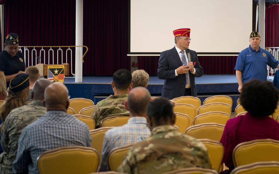 Charles Schmidt, American Legion National Commander, speaks to audience members during a town hall meeting in Kaiserslautern, Germany, on Wednesday, May 31, 2017.
