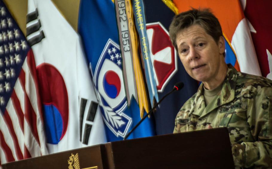 Maj. Gen. Tammy Smith, deputy general of the 8th Army, tells her story about being a gay soldier during an LGBT observance at Yongsan Garrison, South Korea, Thursday, June 15, 2017.