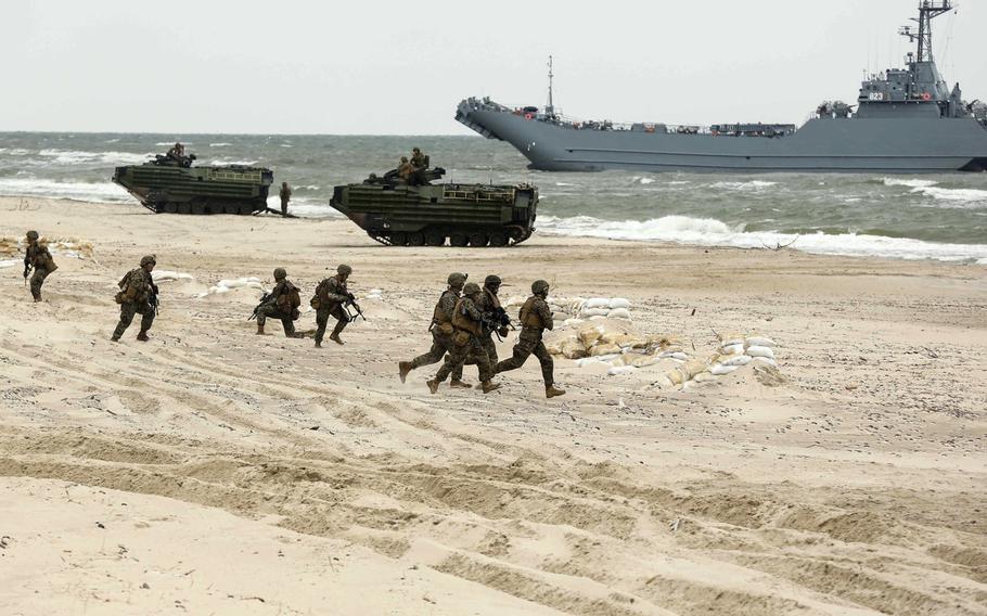 U.S. Marines from U.S. Marine Forces Europe-Africa participate in an amphibious landing demonstration Wednesday, June 14, 2017, as part of exercise BALTOPS 201 in Ustka, Poland.