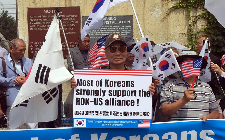 Dozens of South Koreans rally outside Camp Red Cloud to show support for U.S. forces, Monday, June 19, 2017. The rally happened more than a week after several singers boycotted a concert organized by the city of Uijeongbu to celebrate the 2nd Infantry Division's centennial.
