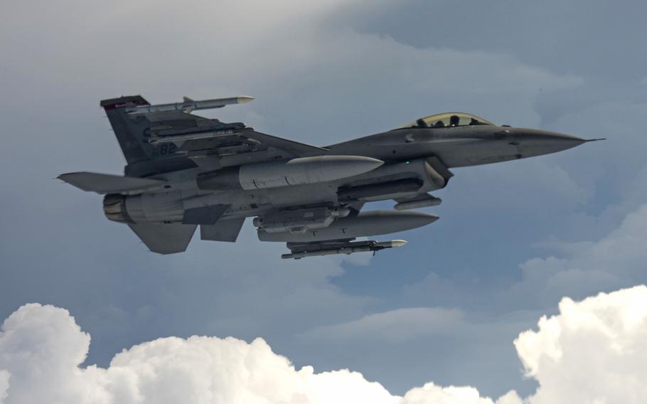 A U.S. Air Force F-16 Fighting Falcon over Germany, May 30, 2017. A NATO F-16 was scrambled Wednesday to intercept an aircraft carrying the Russian defense minister over the Baltic Sea