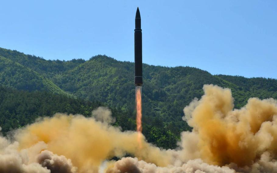 A missile lifts off in this undated photo released this week by the Korean Central News Agency.