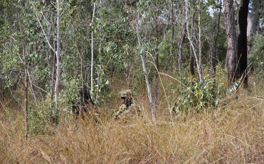 A Japan Ground Self-Defense Force paratrooper from the 1st Airborne Brigade, 3rd Battalion holds a position in the Australian Outback during Talisman Saber drills at Shoalwater Bay Training Area, Friday, July 14, 2017.