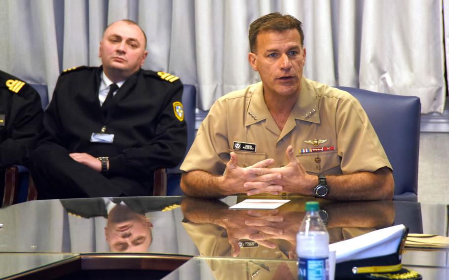 Vice Adm. John Aquilino speaks with international students from the Navy Command College, April 21, 2017.