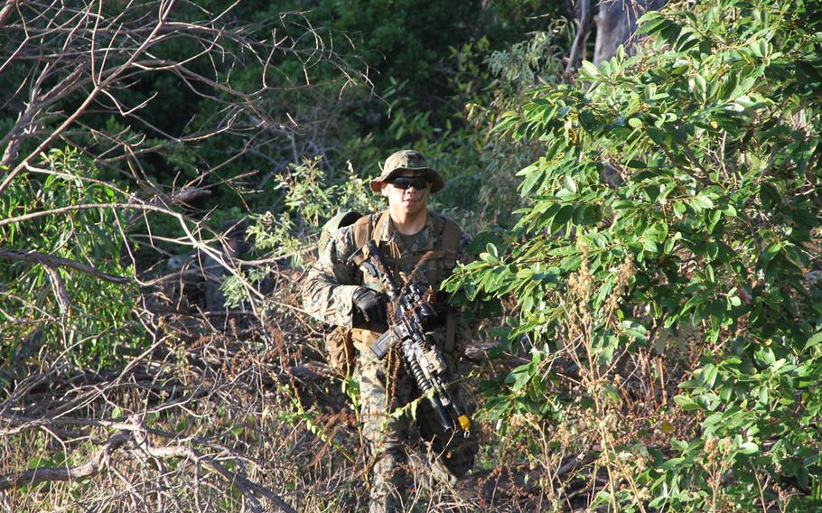 A U.S. Marine emerges from the Australian bush as amphibious assault vehicles steam for Freshwater Beach in Queensland, Australia, Wednesday, July 19, 2017. The drill was part of Talisman Saber 2017 exercises.