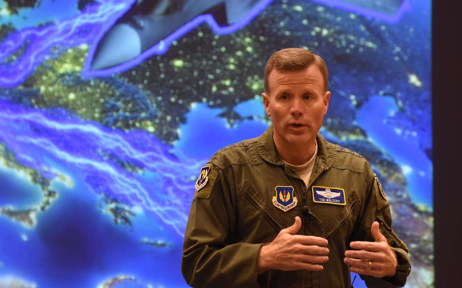 Gen. Tod Wolters, commander of U.S. Air Forces in Europe- Air Forces Africa, speaks Thursday, July 20, 2017, at an F-35 leadership forum at USAFE headquarters at Ramstein Air Base, Germany.