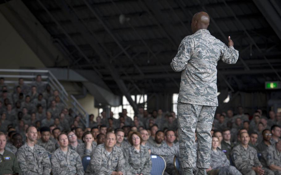 Chief Master Sgt. of the Air Force Kaleth Wright speaks to airmen assigned to the 374th Airlift Wing at Yokota Air Base, Japan, June 13, 2017.