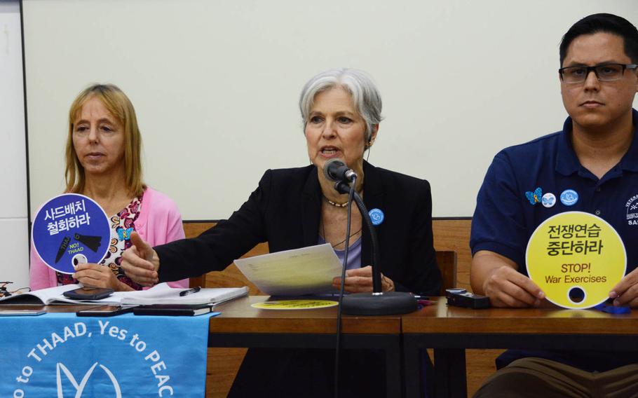 Former Green Party U.S. presidential candidate Jill Stein, center, speaks at a press conference with fellow U.S. activists Medea Benjamin, left, and Will Griffin in Seoul, South Korea, Tuesday, July 25, 2017. The delegation visited South Korea to show solidarity with opponents of the U.S. missile defense system known as THAAD.