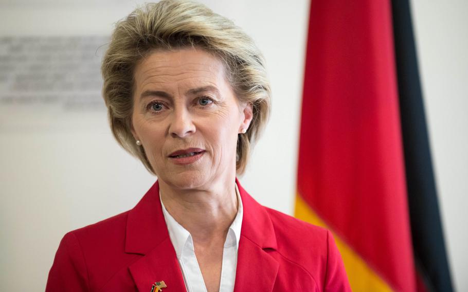 Then-German defense minister Ursula von der Leyen speaks to the press at the George C. Marshall European Center for Security Studies in Garmisch, Germany, June 28, 2017.