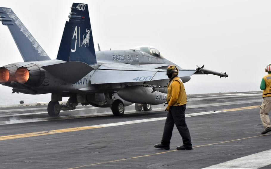 A Super Hornet takes off from the USS George H.W. Bush on April 19, 2017. The carrier is set to arrive at Norfolk, Virginia on Monday, after a seven-month deployment to the Persian Gulf and Mediterranean.