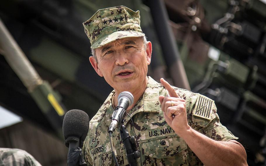 Adm. Harry Harris Jr., head of U.S. Pacific Command, speaks to reporters at Osan Air Base, South Korea, Tuesday, Aug. 22, 2017.
