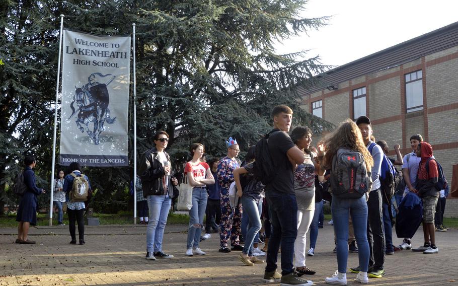 Lakenheath American High School students gather before the first day of school at RAF Lakenheath, England, Monday, Aug. 28, 2017.