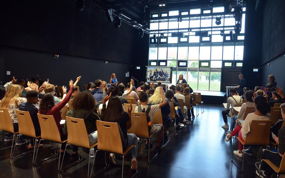 Sandra Whitaker, the new principal at the new Wiesbaden High School, center, talks to freshmen during orientation on the first day of the 2017-18 school year, Monday, Aug. 28, 2017. The orientation was held in a multipurpose room off the central commons area.